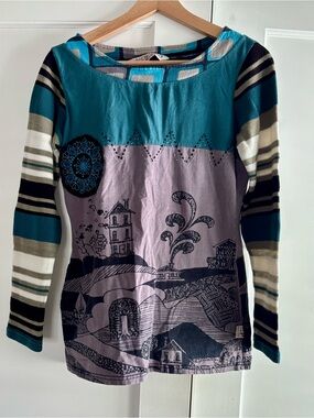 Savage Culture Women's Blue and Gray Printed Long-Sleeve Blouse Size S